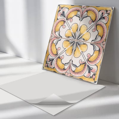 Wallfluent Vinyl Tegels - Bloemenkeramiekpatroon Vinyl Tegels Zelfklevend - 30 cm x 30 cm - Geel PVC Tegels - Set van 9 - Vierkant PVC Tegels - Texturen Plaktegels - Zelfklevende Vinyltegels - Plaktegels Keuken en Badkamer