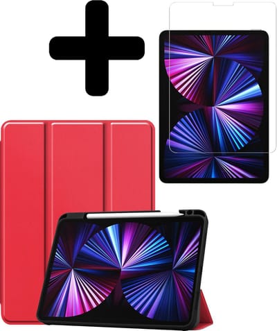 Hoesje - Geschikt voor Apple iPad Pro (2021) - 11 inch - 3e generatie - Met Screenprotector - Trifold Bookcase Hoes - Hard Cover Case - Met Uitsparing Geschikt voor Apple Pencil - Hardcover Book - Tablethoes - Rood