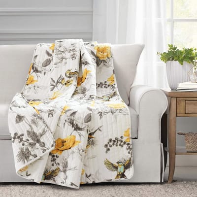 Bloemen plaid deken 152 x 127 cm, geel en grijs - omkeerbaar