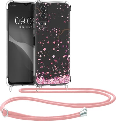 kwmobile telefoonhoesje geschikt voor Vivo Y72 5G / Y52 5G - Hoesje met telefoonkoord - Back cover voor smartphone - Case in poederroze / donkerbruin / transparant