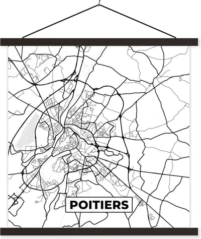 Posterhanger incl. Poster 60x60 cm - Schoolplaat - Frankrijk - Plattegrond - Poitiers - Stadskaart - Kaart - Zwart wit - Textielposter - Zwarte latten - Stadskaart