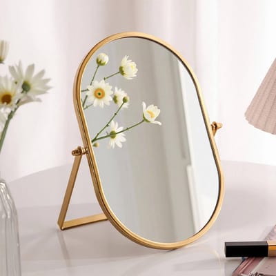 Ovale Vouwspiegel met Gouden Metalen Stand - Draaibare Make-up Spiegel voor Badkamer, Slaapkamer en Woonkamer