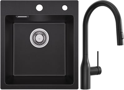 SOFETIY MAX Granieten Spoelbak voor keuken 40x45CM - Enkele Spoelbakken Met Keukenkraan Met Uittrekbare Uitloop - Onderbouw Spoelbak Zwart - Met waterafvoersysteem - Voor 45 cm Kast