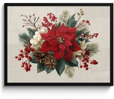 Poster in lijst - Fotolijst 80x60 cm - Posters - Kerststuk - Pointia - Dennenappels - Rood - Posterlijst zwart - Decoratie - Wanddecoratie woonkamer - Muurdecoratie slaapkamer - Kerstversiering - Kerstdecoratie voor binnen - Kerstmis