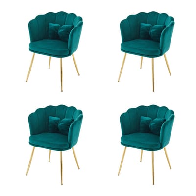 YEHTOKHOME Velvet Eetkamerstoelen set van 4 met armleuning, Bureaustoel, Make-upstoel, Ergonomisch, Fauteuil, Fluwelen stoel met bloemblad-rugleuning, Vergulde metalen poten, Vlinderkussens, Groen