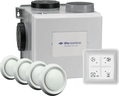 Itho Daalderop CVE-S eco fan ventilator box alles-in-1 pakket HP 415m3/h + vochtsensor + RFT auto + 4 ventielen - perilex stekker