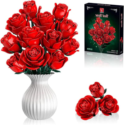 Rozen Bouwblokken - Bloemen Bouwset - Woondecoratie Maken - 12 Klassieke Rozen - 512 Stenen - Rood