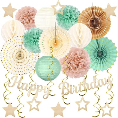 Famanu – Boho herfst decoratie set, 29 stuks, banners, pompons, slingers, saliegroen, feestdecoratie, verjaardagen, evenementen, indoor/outdoor