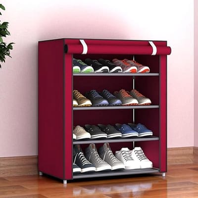 Famanu Schoenenopberger Kast met Stofdichte Stoffen Hoes, Groot Schoenenrek Schoenenopberger Kast Toren kamer Entree(5 Tier 4 roosters rood)