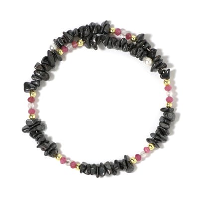 Cavill - Stalen Armband met Zwarte Hematiet 51,96 ct, Roze Toermalijn 2,37 ct, Regenboog Maansteen 2,24 ct - Elastisch Boho