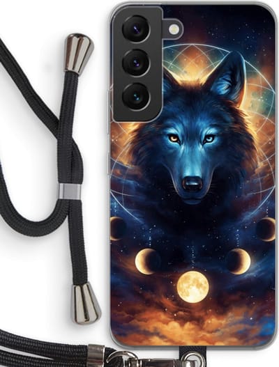 Case Company® - Hoesje met koord geschikt voor Samsung Galaxy S22 hoesje met Koord - Wolf Dreamcatcher - Telefoonhoesje met Zwart Koord - Bescherming aan alle Kanten en Over de Schermrand