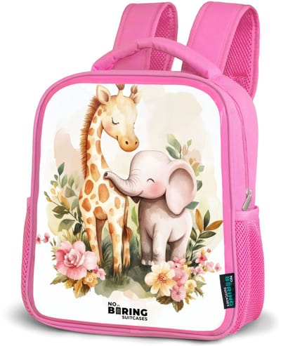NoBoringSuitcases.com® - Rugzak roze - Schooltas meisjes - Giraffe en olifant tussen bloemen op witte achtergrond - Kinder rugtas meisje - Boekentas kind - Kinderrugzak voor school - Schoolrugzak