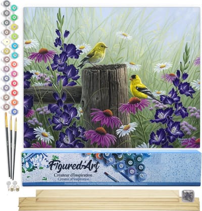 Figured'Art Schilderen op Nummer Volwassenen canvas Goldfinch Paar - Handwerk acrylverf Kit DIY Compleet - 40x50cm met DIY houten lijst