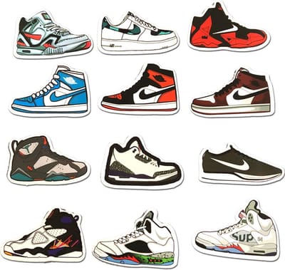 Okado sneaker stickers 50 stuks – vinyl laptop stickers in sneaker thema – sticker set voor laptop, skateboard, koffer, tablet, fiets, helm en schrift – multicolor decoratie stickers 5-9 cm