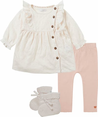 Noppies - kledingset - Meisjes - 4delig - Jurk Noble Pristine met kant - Legging Verane evening sand - gebreide slofjes Nelson Pristine - Maat 92