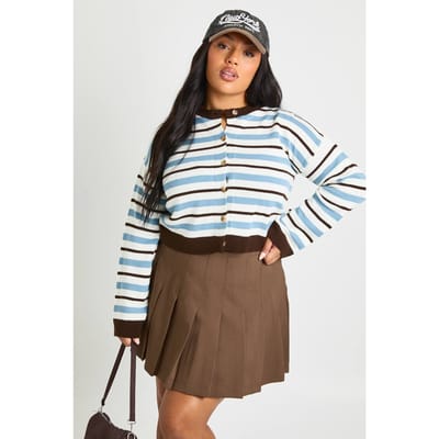 boohoo Dames Plus gestreepte ronde hals cardigan | Blauw | Maat: 48-50