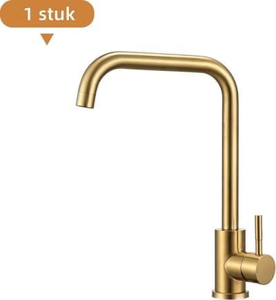 1 stuk - Keukenkraan - 304 roestvrij staal - Geschikt voor gootstenen en wastafels - Geborsteld goud - Kraan voor warm en koud water - Gouden logo met zeven tekens