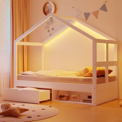 DESMIU Houten Bed 90x190cm - Huisbed met Lichtstrip en Opberglade - Bed met Schoenenkast voor Jeugdkamer - Grenen en Kunsthout - Wit - Zonder matras