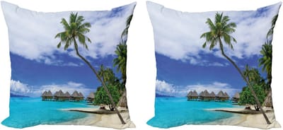 ABAKUHAUS Tropische decoratieve kussenhoez 2-pack, Eilanden en Stille Oceaan, 50x50 cm, Groen Wit Blauw