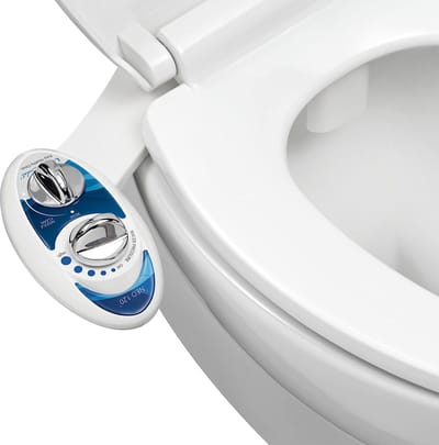 Mechanisch bidet met wc-aansluiting, dubbel mondstuk, zelfreinigend, warm en koud water (blauw en wit)