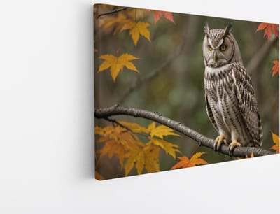 Saammp Canvas Schilderij - Uil op tak in de herfst - Natuur - Dieren - 45x30 - Foto op canvas - Wanddecoratie - Muurdecoratie Woonkamer - Slaapkamer decoratie - Canvas Print