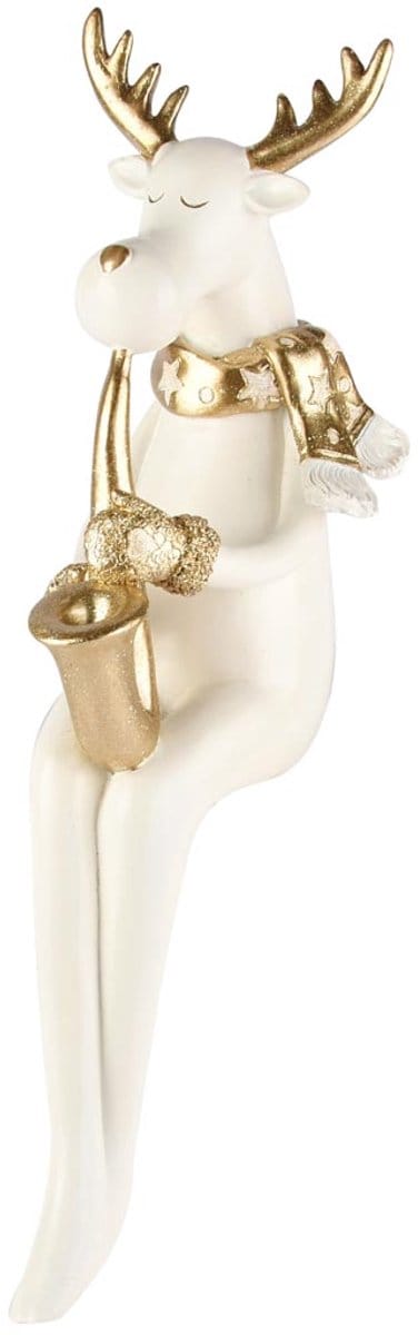 Dekoratief | Rendier zittend m/saxofoon, wit/goud, resina, 10x15x37cm | A255202