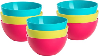 Plasticforte Kommetjes / schaaltjes dessert en ontbijt - 9x stuks - kunststof - D17 x H7 cm - roze/groen/blauw - 950 ML
