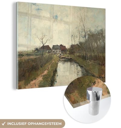 ® Glasschilderij 160x120 cm - Schilderij acrylglas - Huisje aan een sloot - Schilderij van Anton Mauve - Foto op glas - Muurdecoratie woonkamer - Wanddecoratie slaapkamer - Schilderijen