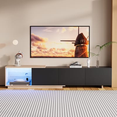 TV-meubel met LED-verlichting, laag tv-meubel voor tv's tot 65 inch, tv-standaard met 3 lades, uitschuifbaar van 163 tot 240 cm, voor de woonkamer, zwart