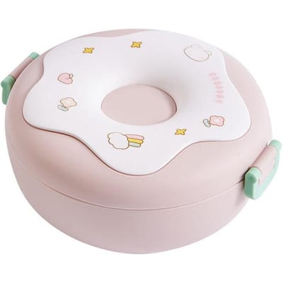 Boîte à Bento Forme Donut Chauffable avec Couvercle Fourchette Cuillère Récipient à Déjeuner en Plastique pour Bureau École rose