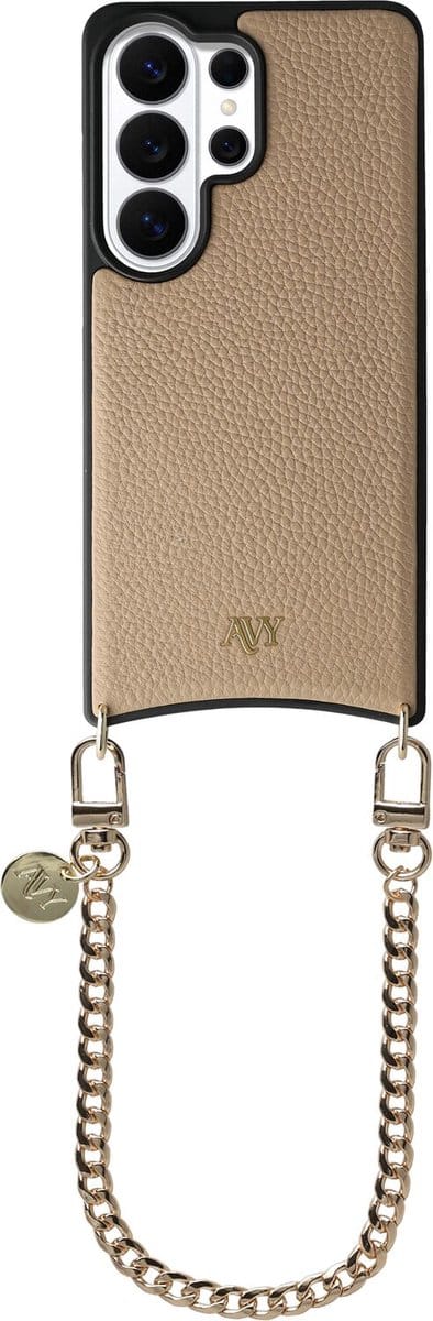 AVY Leren Hoesje Geschikt voor Samsung Galaxy S26 Plus | Compatibel met MagSafe | Leather Case met Telefoonkoord | Polsband | Beige | Aurum Lien