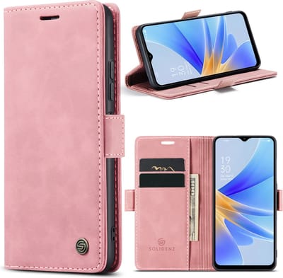 Geschikt Voor Oppo A17 Hoesje - Solidenz Urban Bookcase - Telefoonhoesje - Case Met Pasjeshouder - PU Leren Hoes - Draadloos Opladen - Roze