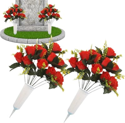 Grafbloemen Boeket - Kunstbloemen Graf - Herdenken Geliefden - Weerbestendig Ontwerp - 46x30x46 cm - Rood
