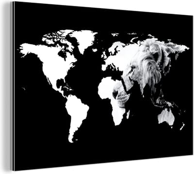 Aluminium schilderij 120x80 cm - Wanddecoratie metaal - Wereldkaart - Zwart - Wit - Leeuw - Metalen muurdecoratie woonkamer - Decoratie industrieel - Foto op dibond - Industriële accessoires slaapkamer