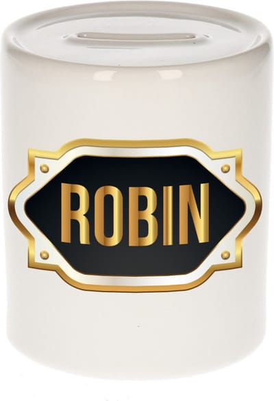 Spaarpot met voornaam Robin - wit - met goud/zwart embleem - 8 x 9 cm - keramiek - met afsluitdop - cadeau verjaardag