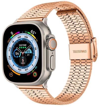 Luxe stalen bandje - geschikt voor Apple Watch 1/2/3/4/5/6/7/8/9/10/11/ SE (1,2,3) met maat 38 mm / 40 mm / 41 mm en 42 mm (Watch 10/11) - gespsluiting - rosegoud