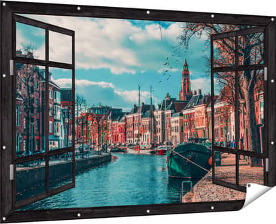 Gards Tuinposter Doorkijk Gracht in Groningen - 180x120 cm - Tuindoek - Tuindecoratie - Wanddecoratie buiten - Tuinschilderij