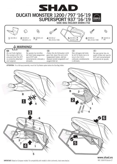 Support de valise latérale Shad pour moto Ducati 0 Monster 2016-19 D0MN17SE Neuf