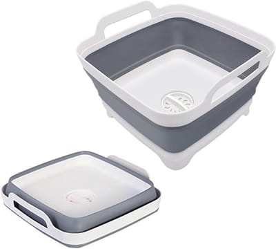 Opvouwbare afwasbak met afvoerplug, ruimtebesparende, multifunctionele opvouwbare afwasbak voor buiten, afwasbak, opberglade voor in de keuken, geschikt voor kamperen, groente wassen, camper (grijs)