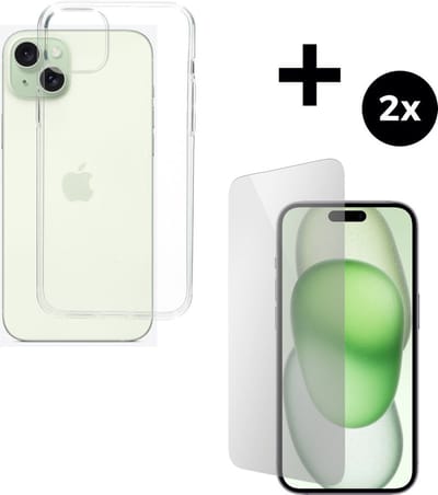 Mobiparts Classic TPU hoesje geschikt voor Apple iPhone 15 Plus met 2 Screenprotectors van Gehard Glas - Transparant