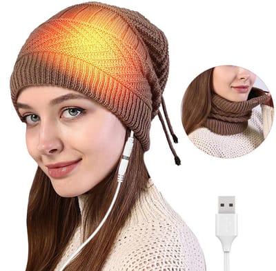 Elektrische Verwarmde Muts USB – Warme Wintermuts, Outdoor Gebreide Hoed, Verwarming Hoes voor Koude Dagen, Sjaal Inclusief - KHAKI