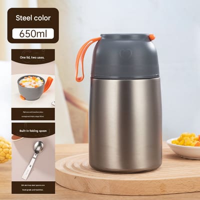 Grijze voedselthermische container, geïsoleerde lunchbox van roestvrij staal, warme gerechten en koude dranken, 650 ml