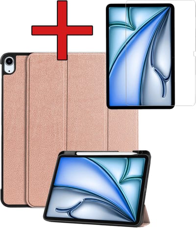 Hoesje - Geschikt voor Apple iPad Air (2024/2025/2026) - 11 inch - Met Screenprotector - Trifold Bookcase Hoes - Hard Cover Case - Met Uitsparing Geschikt voor Apple Pencil - Hardcover Book - Tablethoes - Rosé goud