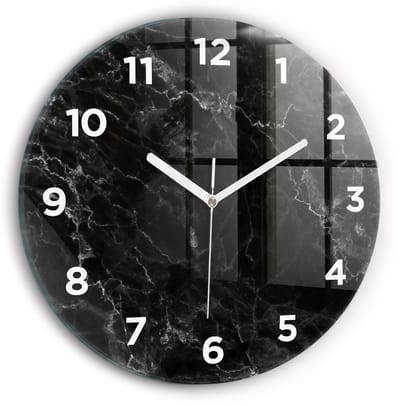 Wallfluent Wandklok - Donker marmer Decoratieve Wandklok - 30 cm x 30 cm - Zwart Wandklok - Witte Handen - Wandklok Met Cijfers - Kinder Wandklok Glas - Ronde Glazen Wandklok - Minimalistisch Wandklok - Decoratieve Wandklok