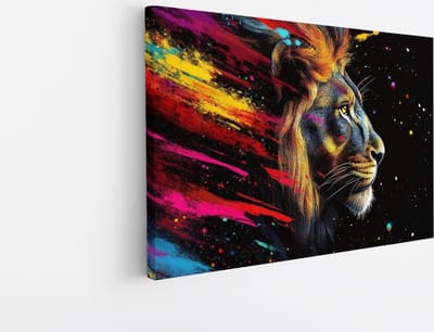 Saammp Canvas Schilderij - Leeuw met verfspetters - Dieren - Abstract - 45x30 - Foto op canvas - Wanddecoratie - Muurdecoratie Woonkamer - Slaapkamer decoratie - Canvas Print