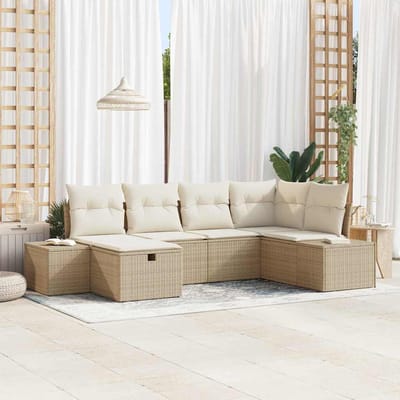 vidaXL - Tuinbank - Set - met - kussen - 6 - pcs - Beige - poly - rattan