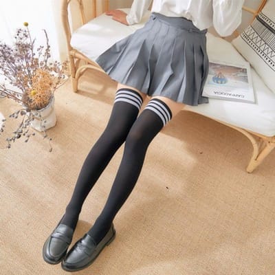 Bas Lolita Longs Couleur Unie Jk Femmes Filles Mignons Bas Noirs Blancs Au-dessus du Genou Hauts Jusqu'à la Cuisse Bas Nylon Sexy Cosplay One Size black