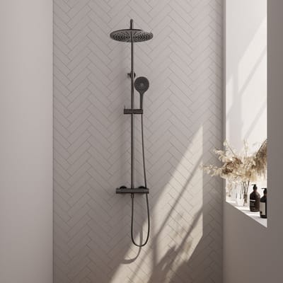 Brauer Gunmetal Carving opbouw thermostatische regendouche SET 04 met 30 cm douchekop en 3-standen handdouche en doucheslang gunmetal geborsteld PVD