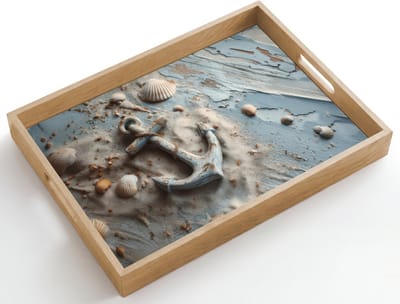Dienblad hout 50x35 cm - Schootdienblad - Anker - Hout - Schelpen - Zand - Borrelplank rechthoek - Plateau dienbladen