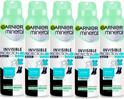 Garnier Invisible Protection Clean Cotton Deodorant Vrouw Bodyspray - Onzichtbaar op Zwart Wit en Gekleurde Kleding - 48h Deodorants Bodyspray - 5 x 150ml - Deodorant Vrouw Voordeel Verpakking